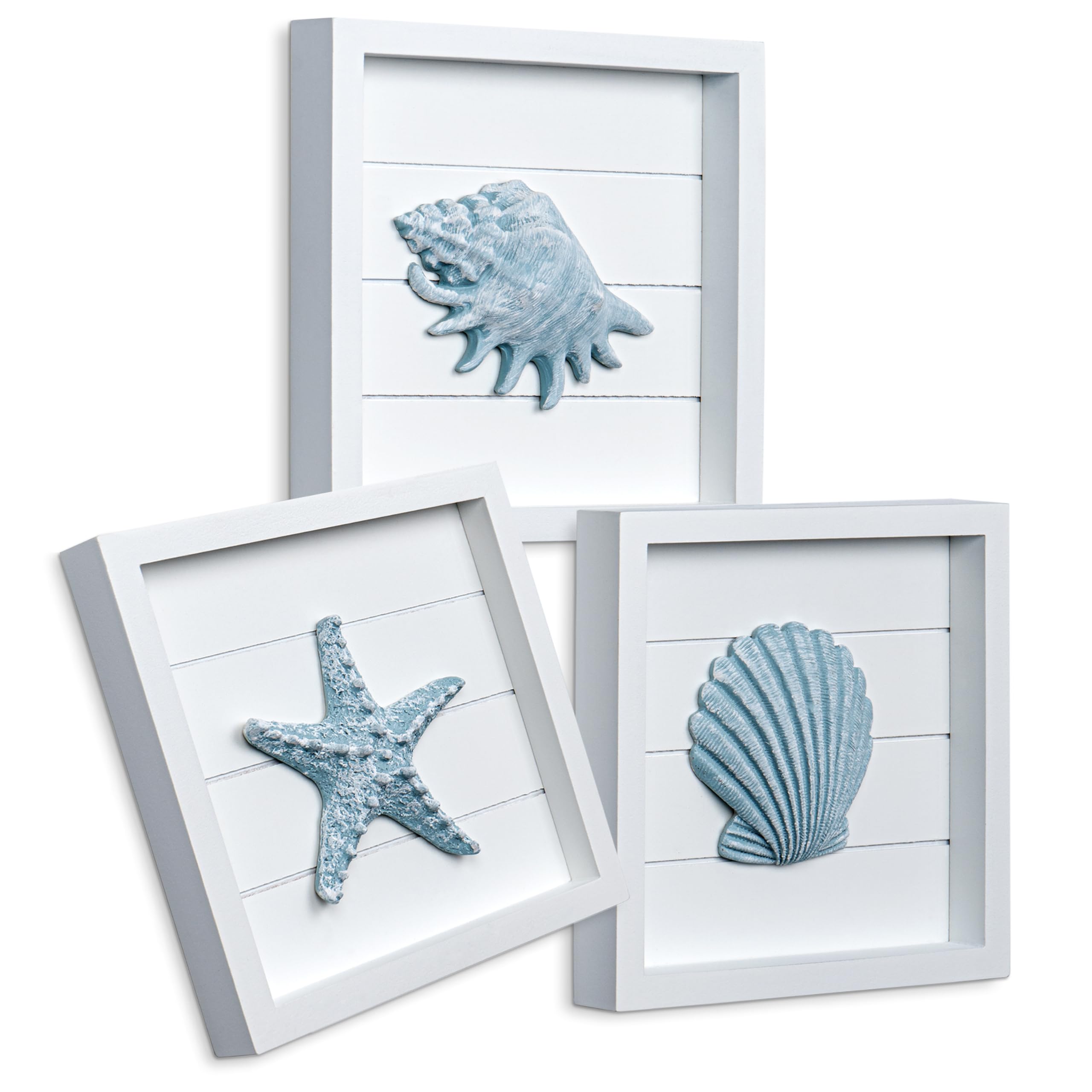 TideAndTales Beach Decor Seashell Wall Art - (Set of 4) Textured 3D Shells and Starfish Decorations for Home or Beach House, Rustic Ocean Theme Coastal Bedroom or Bathroom Wall Decor 6" x 6"