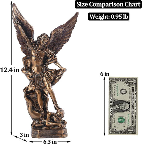 QIANLING 12.5in San Miguel Arcangel Statue, St Michael Statue in Bronzed Resin, St Michael The Archangel victoriously Over Satan Collection Figurines for Collection or Decor