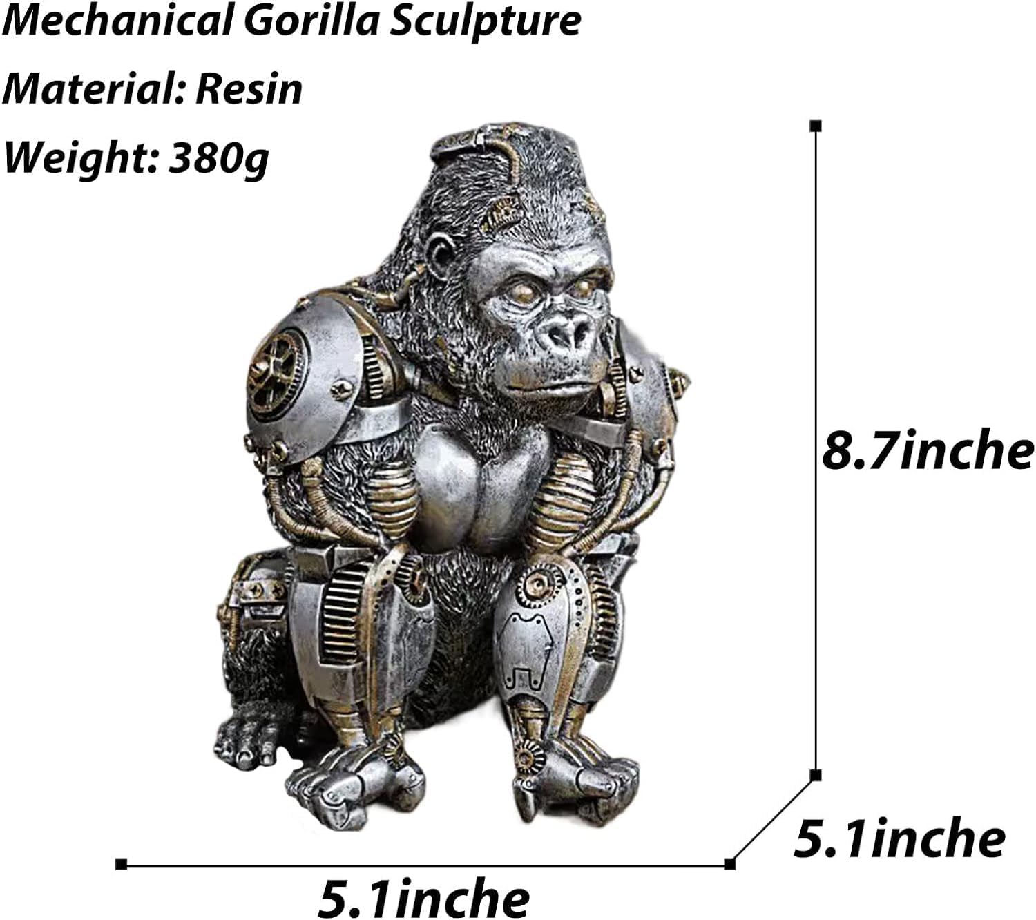 Gorilla Statue and Carved Sculpture Mechanical Punk Style Gorilla Statue Animal Statue Steampunk Modern Home Decor Resin Statue for Coffee Table, Living Room, Entrance, Shelf Decor (Gorilla)