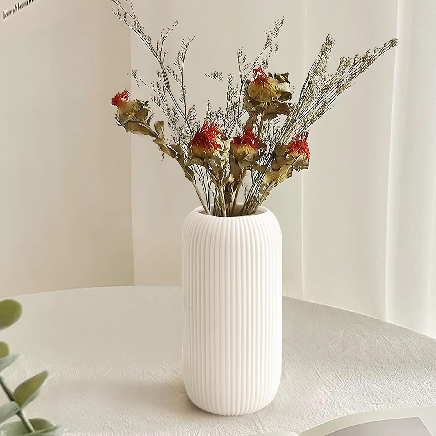 White Ceramic Vase for Flowers, 8 INCH Flower Vase Modern White Vase Home Decor, Small Vase, Ribbed Textured Vase for Pampas Grass Decorative Vase, for Farmhouse Coffee Table Bookshelf Home Living