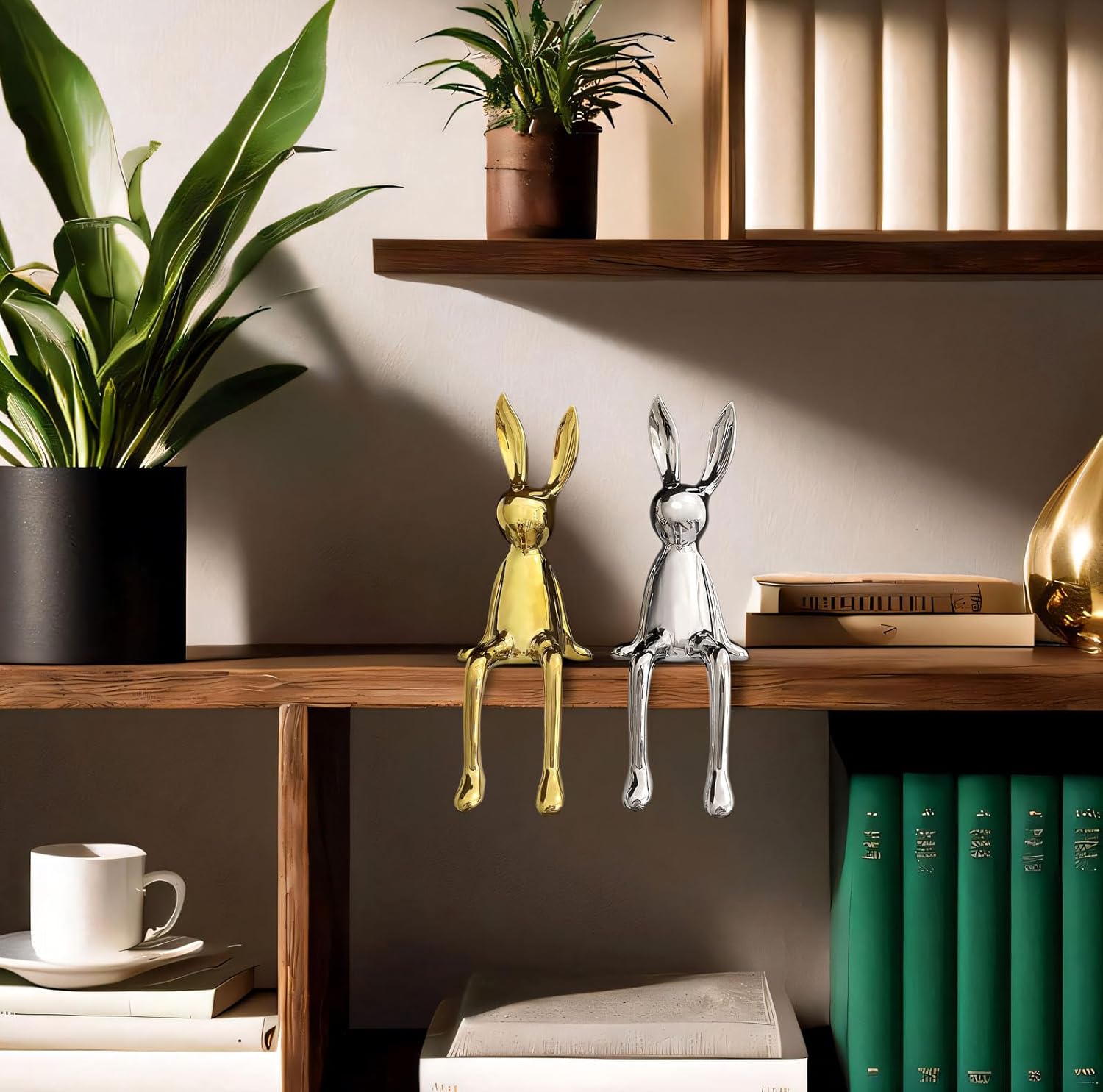 2-Piece Rabbit Decor Sculptures - Home, Office, Living Room, Bedroom - Accents, Decorations, Figurines - Small Statues for Bookshelf, Desk - Ideal Gifts (Gold, Silver)