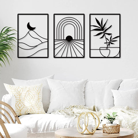 Sokurdeg Boho Metal Minimalist Geometry Wall Art, Black Bohemian Line Metal Art Wall Decor, Modern Abstract Wall Art for Bedroom Bathroom Living Room (3 Pack, 12 x 17 in)