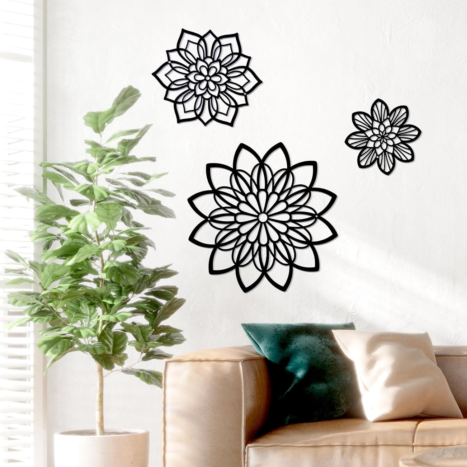 Zzbakress 3 Pieces Metal Flowers Wall Decor, Black Wall Decor, Flower Art Wall Decor Farmhouse Wall Decor Multiple Flowers Hanging Decor for Bathroom Living Room Garden Office (Black Elegant)