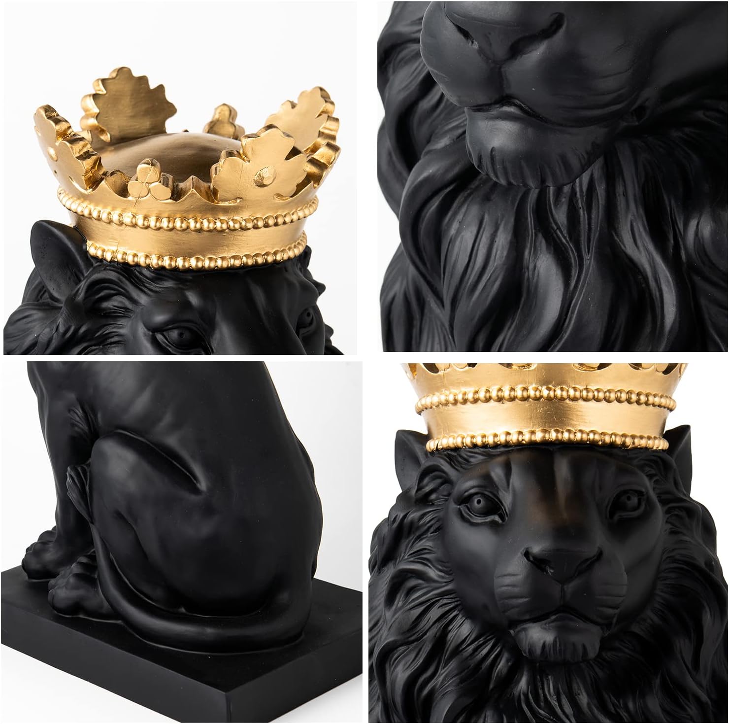 LCdecohome Lion Statue - Outdoor Collectible Figurine, 15 Inch Gold Crown Black Standing Lion Home Decor for Desk & Home Black Decor Gift