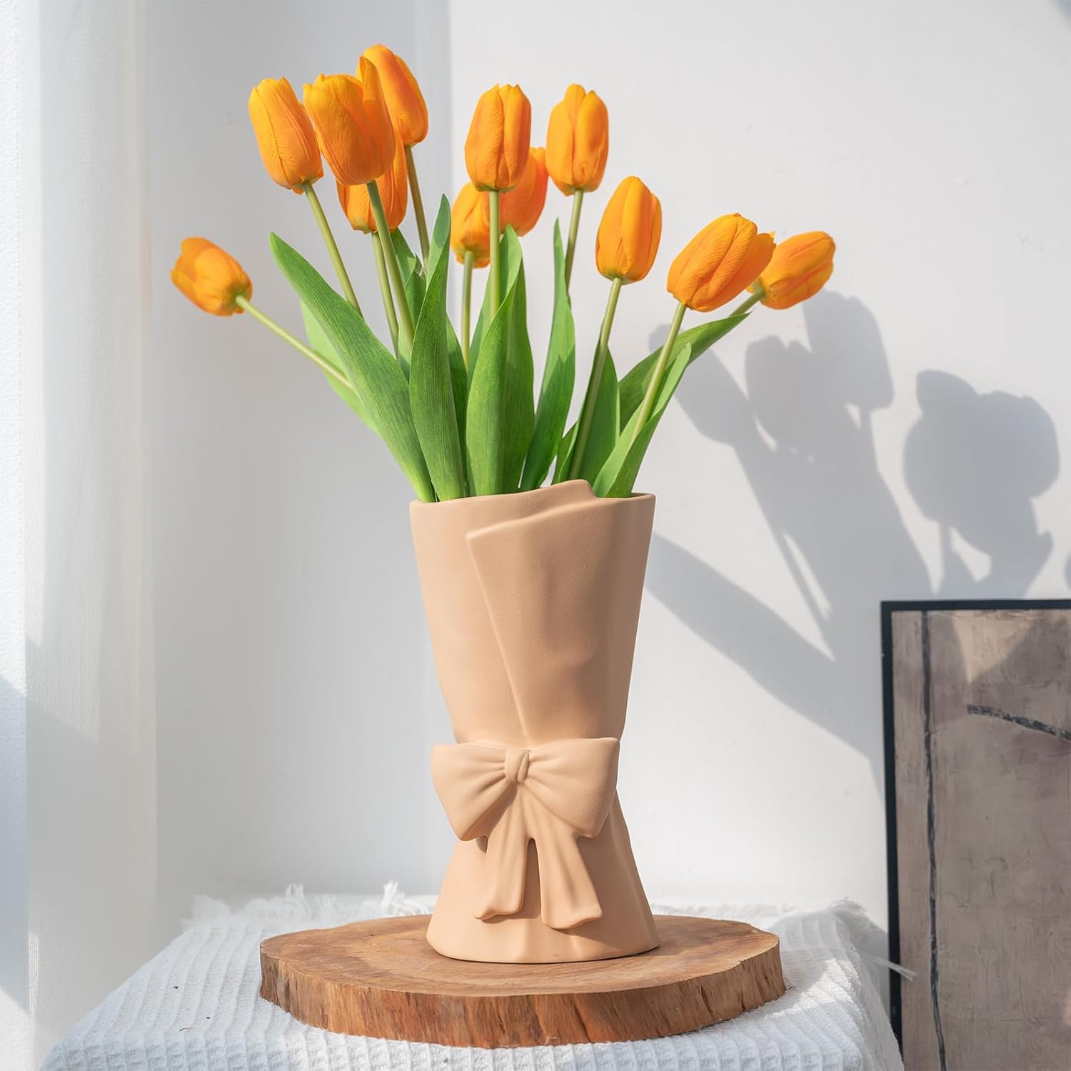 Beige Ceramic Bow Vase 9.64 in Unique Cute Modern Decorative Bouquet Flower Vases for Home Living Room Table Decor Women Girl Gifts