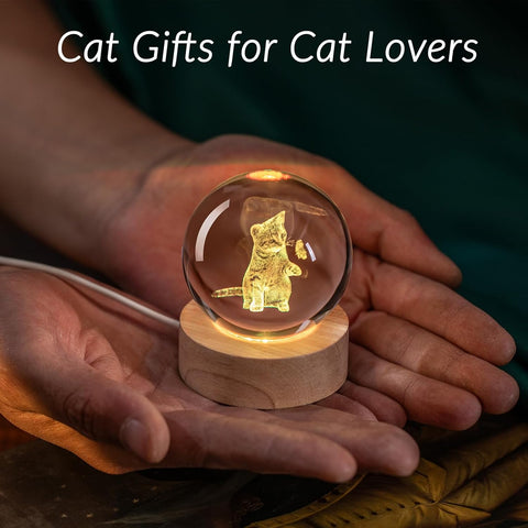 3D Cat Themed Gifts for Women Decor for Cat Lovers Cat Mom Crystal Ball Cat Related Sympathy Presents with Wooden Light Base