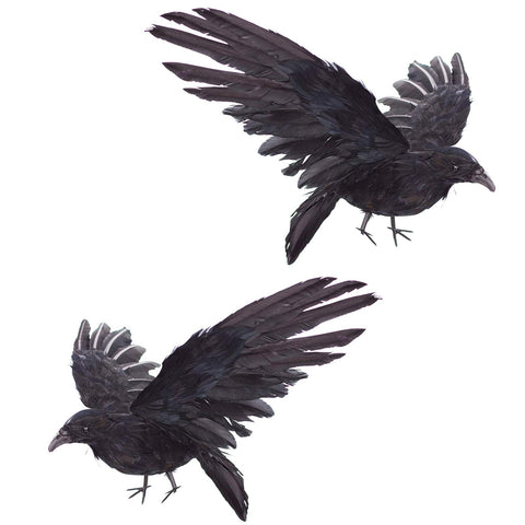 2-Pack Realistic Crows Lifesize Extra Large Handmade Black Feathered Crow for Halloween Decorations Birds, L (13 inch+12 inch)