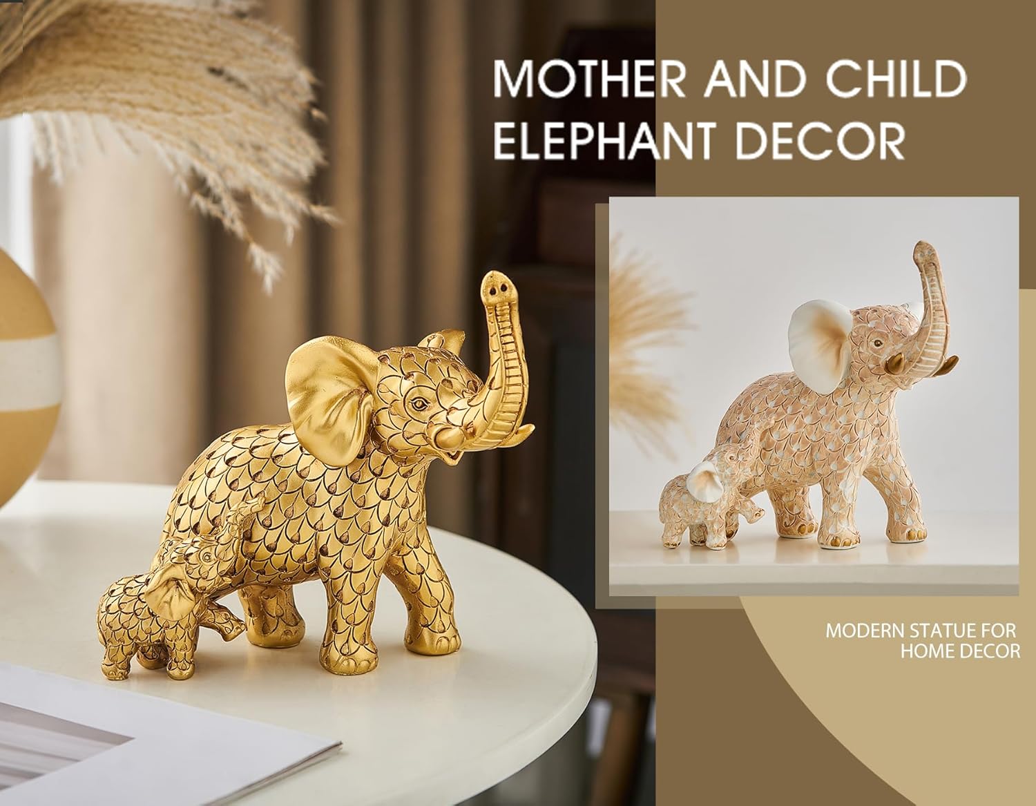 Home Decor Elephant Statue, Rustic Gold Coffee Tabel Bookshelf Decor Acctens, Elephant Decoration for Good Luck, Mom Gifts, Home Living Room Bedroom Office Decorations (Rustic Gold Elephant)