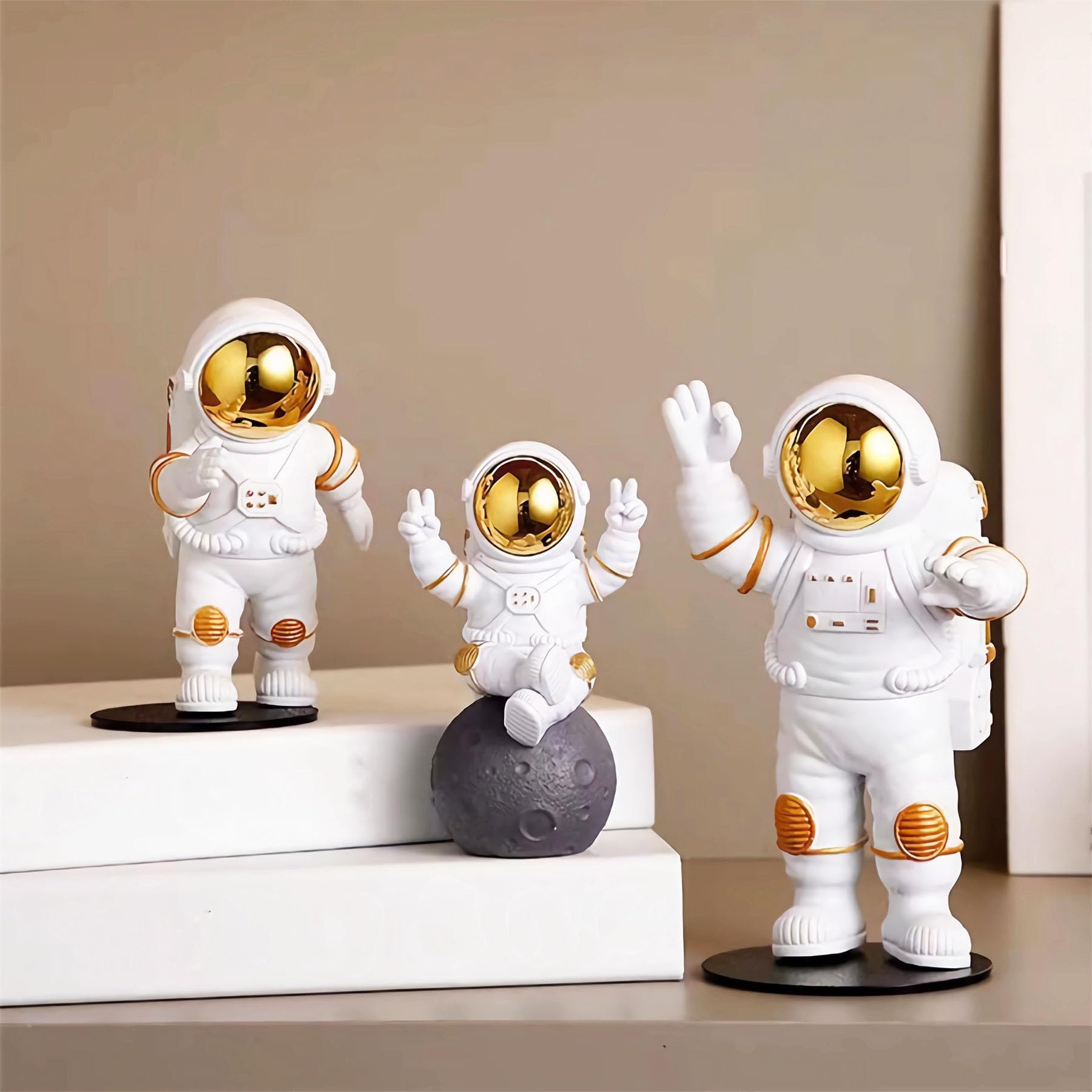 Blue White Astronaut Statues Set of 4, Spaceman Sculpture Figurines Outer Space Theme Decor for Nursery Room Cake Topper