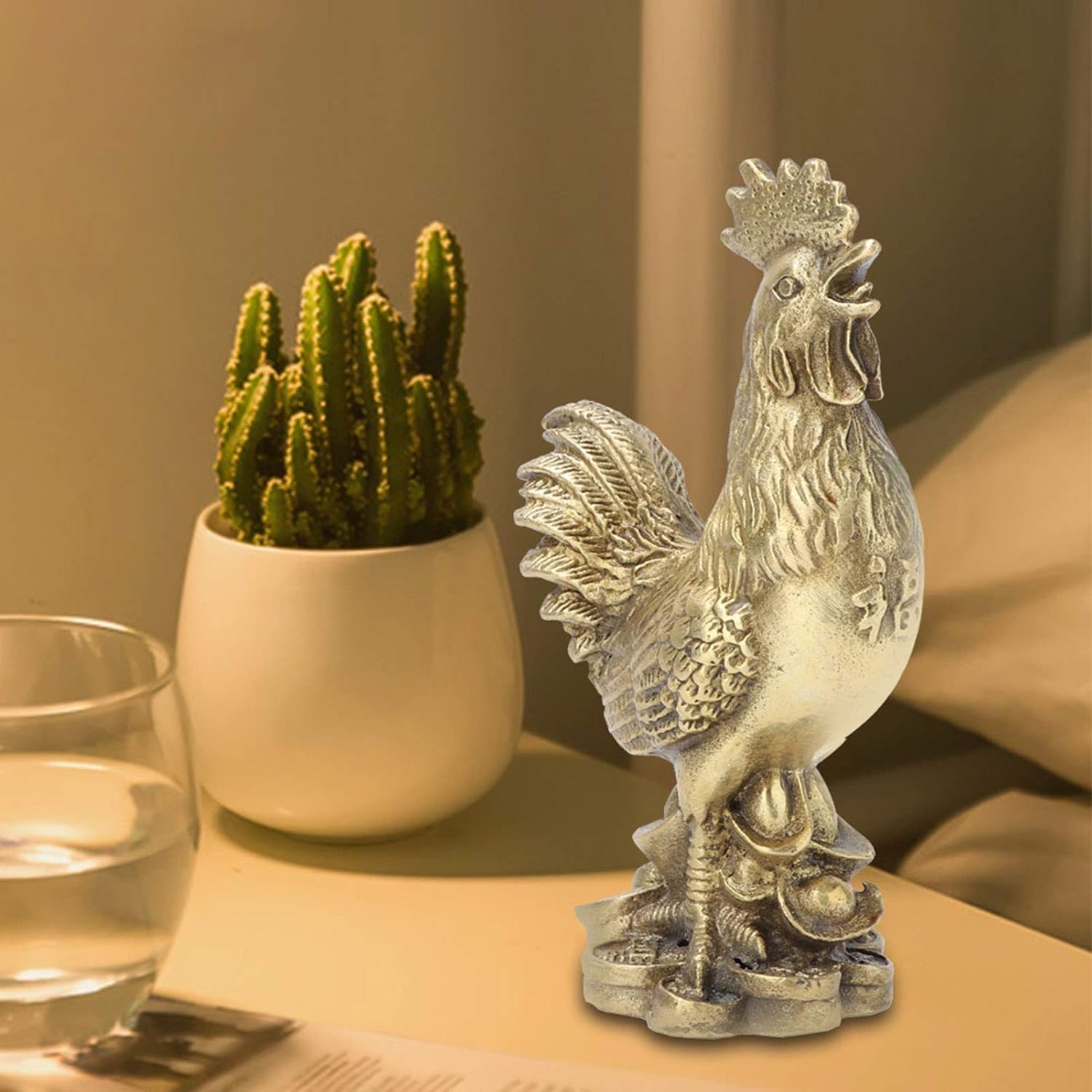 Brass Chicken Statue, Rooster Good Luck Figurine Feng Shui Golden Ornament Desktop Handicraft Wealth Cock Table Sculpture Auspicious Animal Chinese Zodiac Gift Home Office Collection Decoration