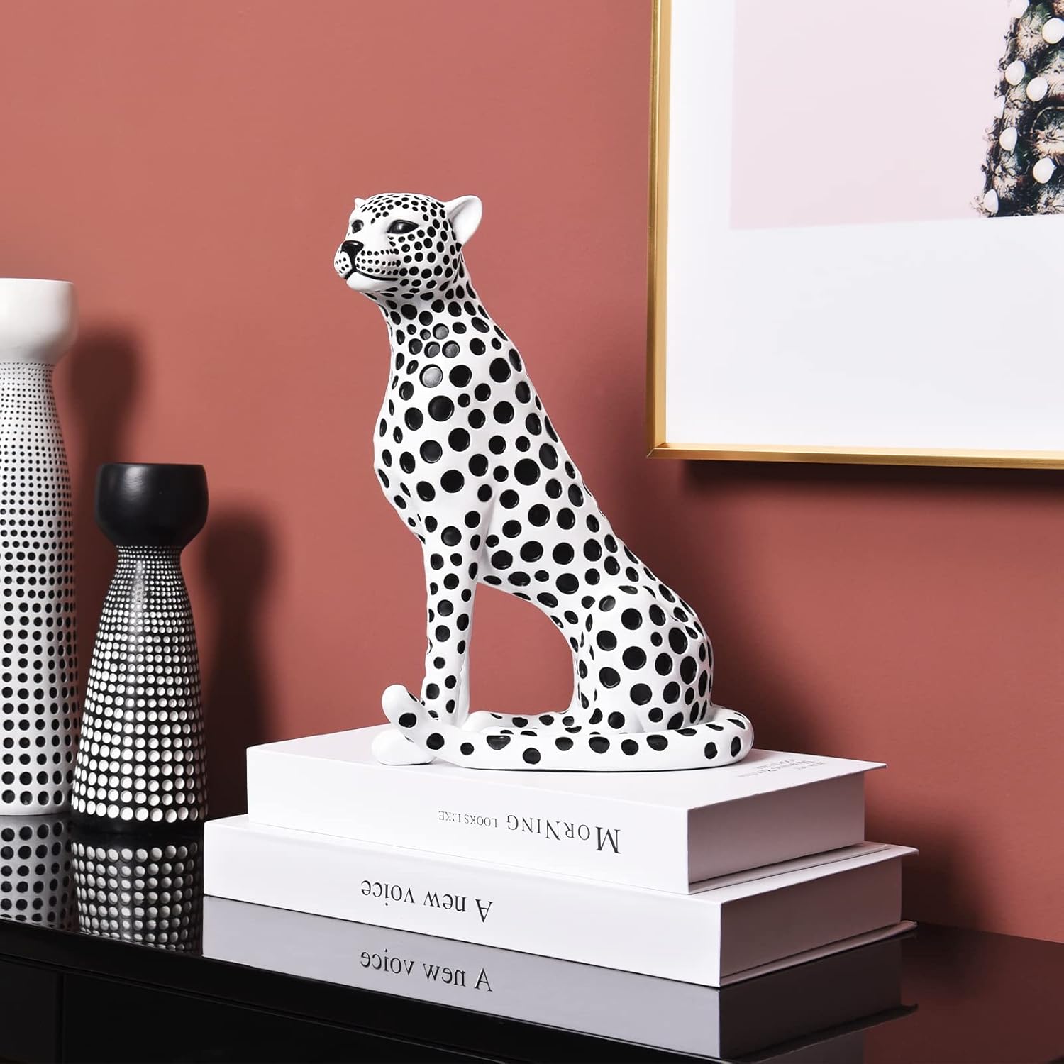 Quoowiit Statues for Home Decor, Modern Sculptures and Statues Decorations for Living Room, Bedroom, Table, Bookshelf, White Resin Leopard Art Decorative Sculpture with Black Polka Dots Design