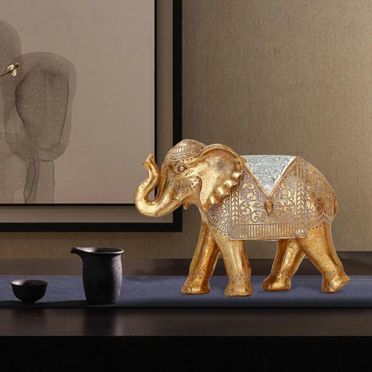 Elephant Statue for Home Decor Gold 9.2IN,Elephant Statues for Table Deskr-Elephant Decor for Living Room-Indoor Elephant Gift for Relaxation Meditation or Shrine