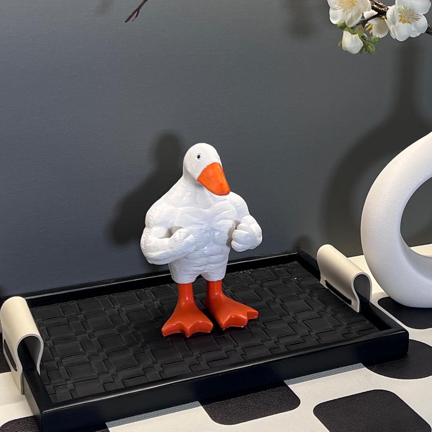 Funny Muscle Duck Statue Home Decor，Cute Little Duck Garden Figurine，Little Duck Craft Decoration Sculpture，Statues for Office Desk Home Decor Figurines Entryway Table Decor(White)