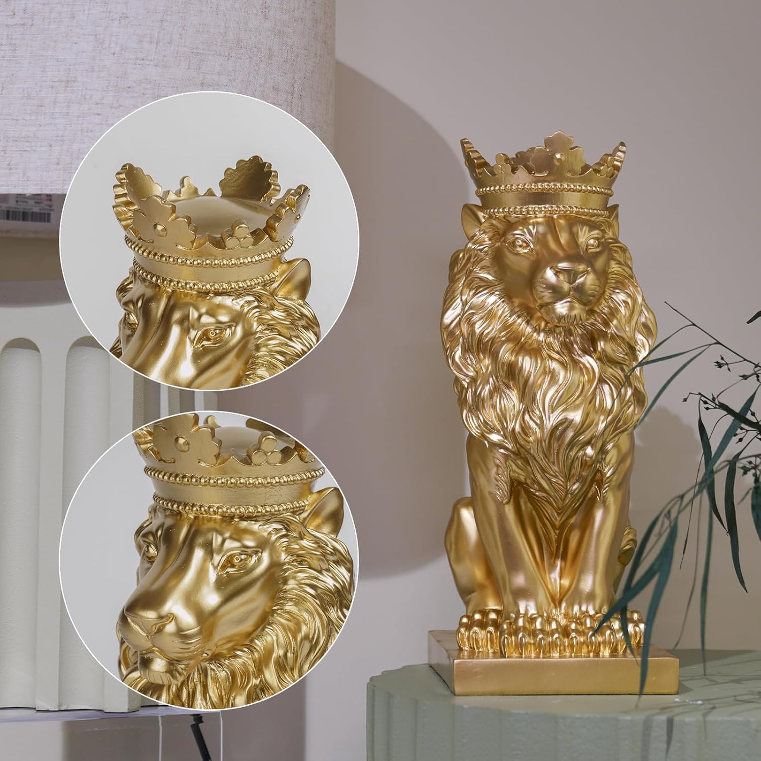 Lion Statue - Outdoor Collectible Figurine, 15 Inch Gold Crown Black Standing Lion Home Decor for Desk & Home Black Decor Gift