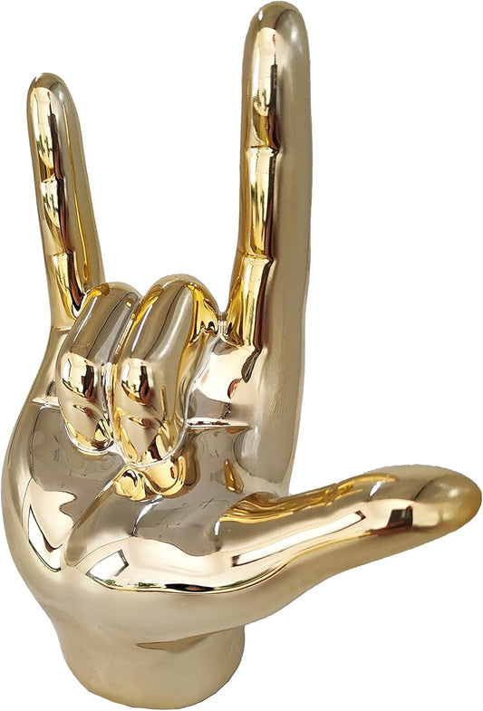 Hand Decor Finger Gesture Statue Gold I Love You Sign Modern Art Stand Ring Holder Sculpture Decorative Objects Language Gifts for Couples Bedroom Shelf Coffee Table Centerpiece 1018