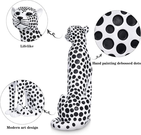 Quoowiit Statues for Home Decor, Modern Sculptures and Statues Decorations for Living Room, Bedroom, Table, Bookshelf, White Resin Leopard Art Decorative Sculpture with Black Polka Dots Design