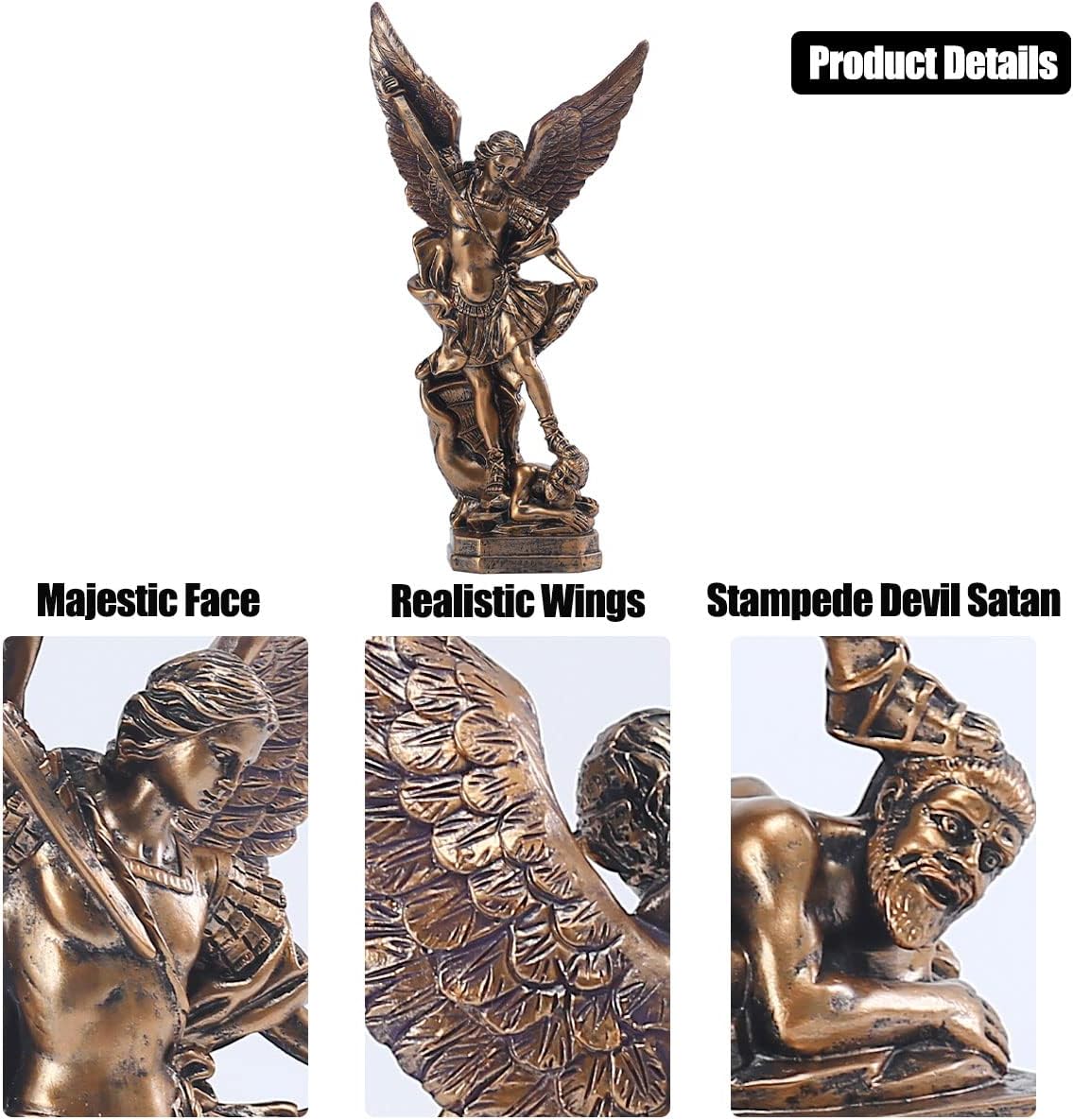 QIANLING 12.5in San Miguel Arcangel Statue, St Michael Statue in Bronzed Resin, St Michael The Archangel victoriously Over Satan Collection Figurines for Collection or Decor