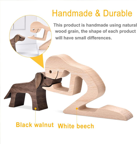 ISHINE Handmade Wood Decor Sculptures, Sitting Man and Dog Statue, Carved Creative Home Office Gift Decoration Natural ECO Friendly