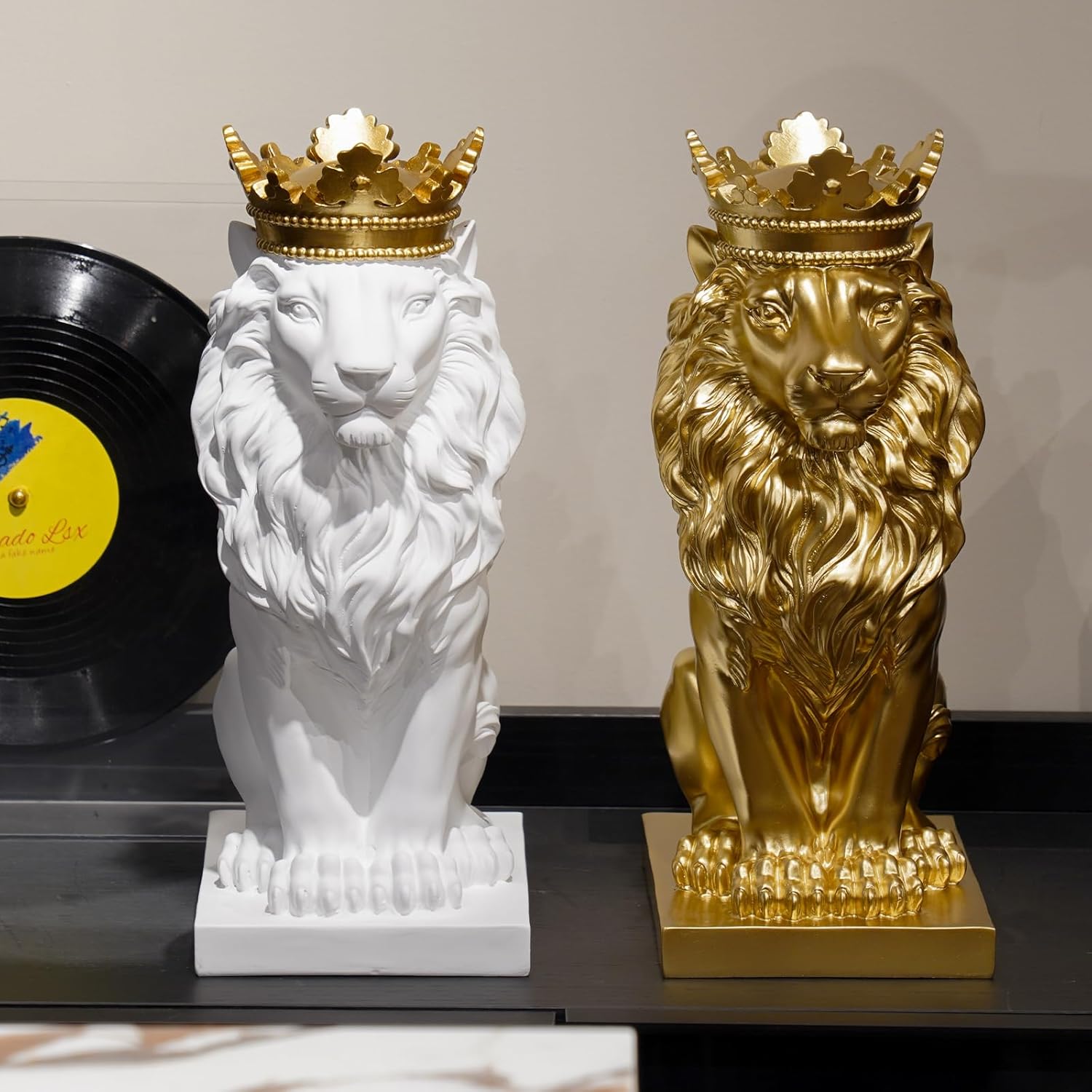 Lion Statue - Outdoor Collectible Figurine, 15 Inch Gold Crown Black Standing Lion Home Decor for Desk & Home Black Decor Gift