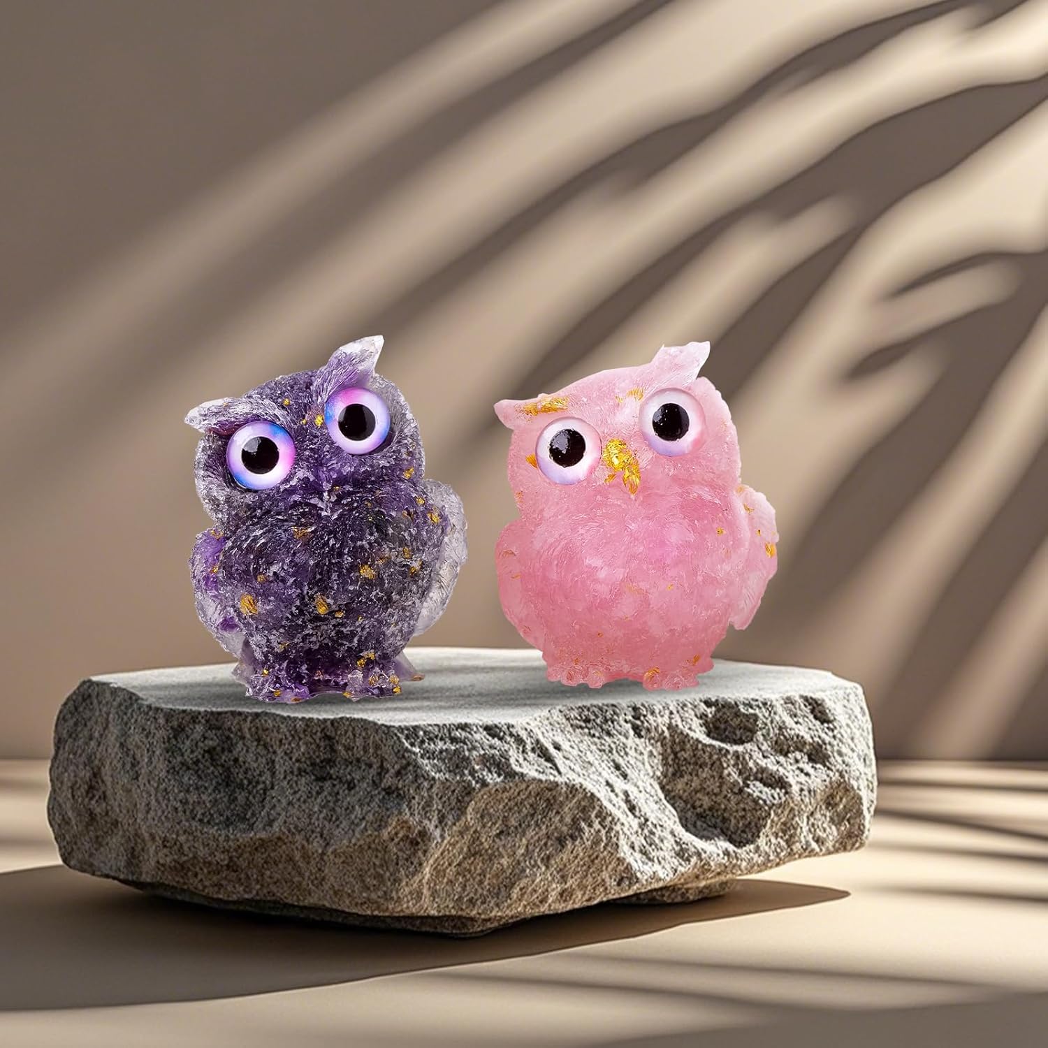 2.5 inch 2PCS Cute Owl Statue Natural Healing Crystal Resin Figurine for Desk, Amethyst Rose Quartz Reiki Spiritual Energy Gemstone Sculpture for Home Office Room Decor Gifts for Women Men