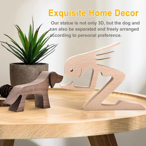 ISHINE Handmade Wood Decor Sculptures, Sitting Man and Dog Statue, Carved Creative Home Office Gift Decoration Natural ECO Friendly