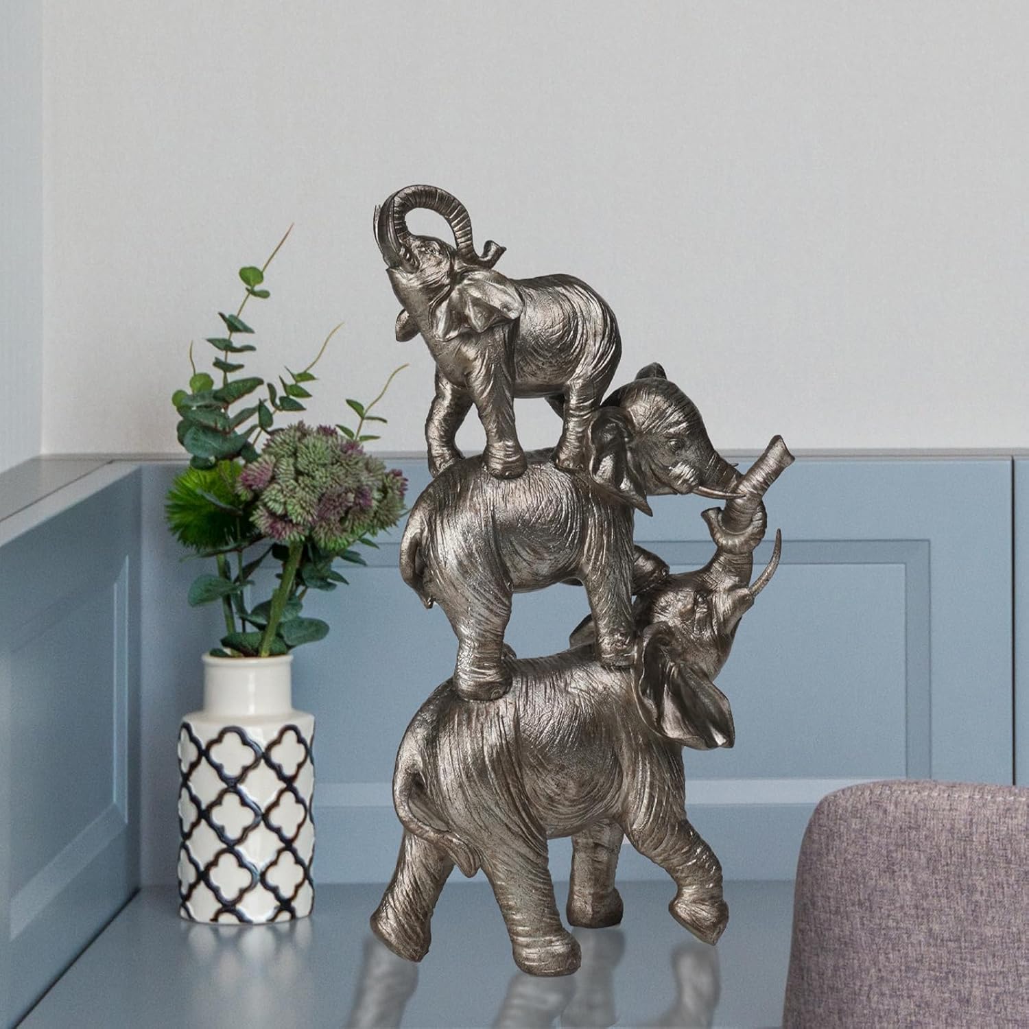 Elephant Statue Figurines Home Decor - Table Decoration Room Decoration Desk Figurines Silver Handmade Resin Animal Statue for Bookshelf Coffee Table Office Bedroom Cabinet 8.25×4×14 Inch