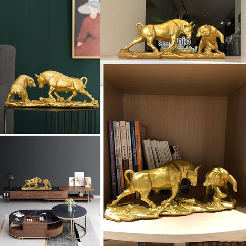 Bull and Bear Statue 15.7" L -Wall Street Bull Statue -Sculptures- Unique Decor for Financial Professionals,Gold