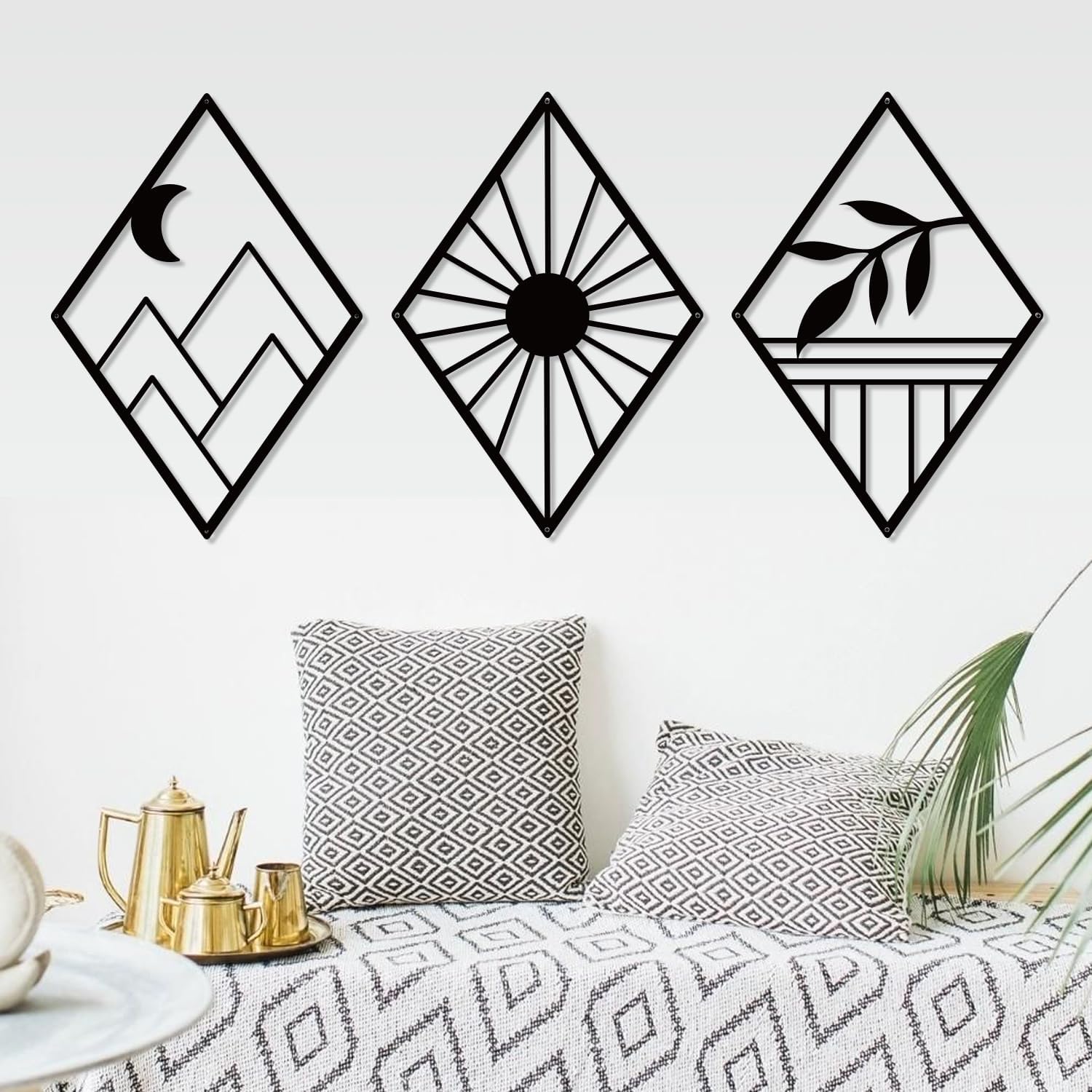 Sokurdeg Boho Metal Minimalist Geometry Wall Art, Black Bohemian Line Metal Art Wall Decor, Modern Abstract Wall Art for Bedroom Bathroom Living Room (3 Pack, 12 x 17 in)