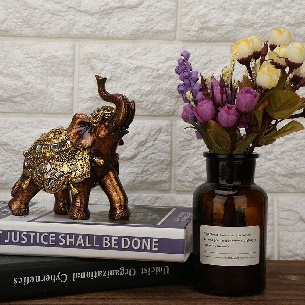 Golden Elephant Statue, Resin & Wood Grain Collectible Figurine, Feng Shui Lucky Elephant Sculpture for Home TV Cabinet