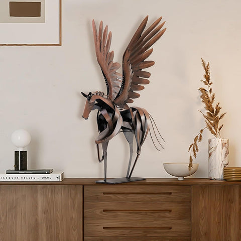 Horse Statue Décor Artwork, 24" H Handmade Metal Pegasus Greek Flying Horse Sculpture, Hand-Painted Animal Figurines for Home Living Room Office (Brown with Wings)