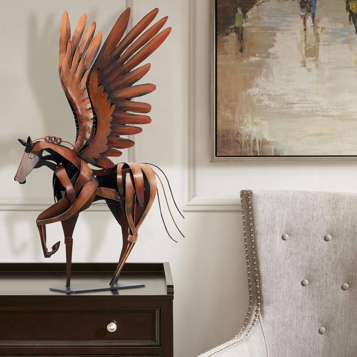 Horse Statue Décor Artwork, 24" H Handmade Metal Pegasus Greek Flying Horse Sculpture, Hand-Painted Animal Figurines for Home Living Room Office (Brown with Wings)