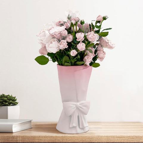 Beige Ceramic Bow Vase 9.64 in Unique Cute Modern Decorative Bouquet Flower Vases for Home Living Room Table Decor Women Girl Gifts