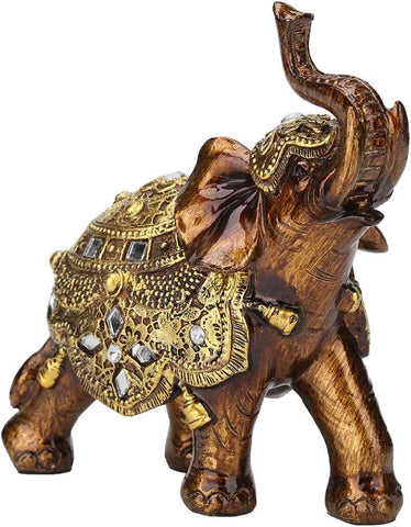 Elegant Statue Resin Feng Shui Golden Sculpture Wealth Lucky Elephant Figurine with Trunk Facing Upwards for Home Office Decoration(L)