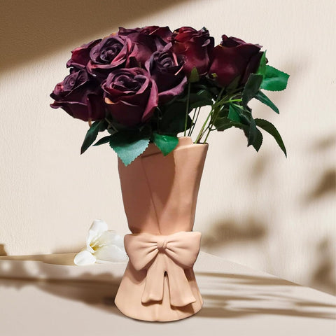 Beige Ceramic Bow Vase 9.64 in Unique Cute Modern Decorative Bouquet Flower Vases for Home Living Room Table Decor Women Girl Gifts