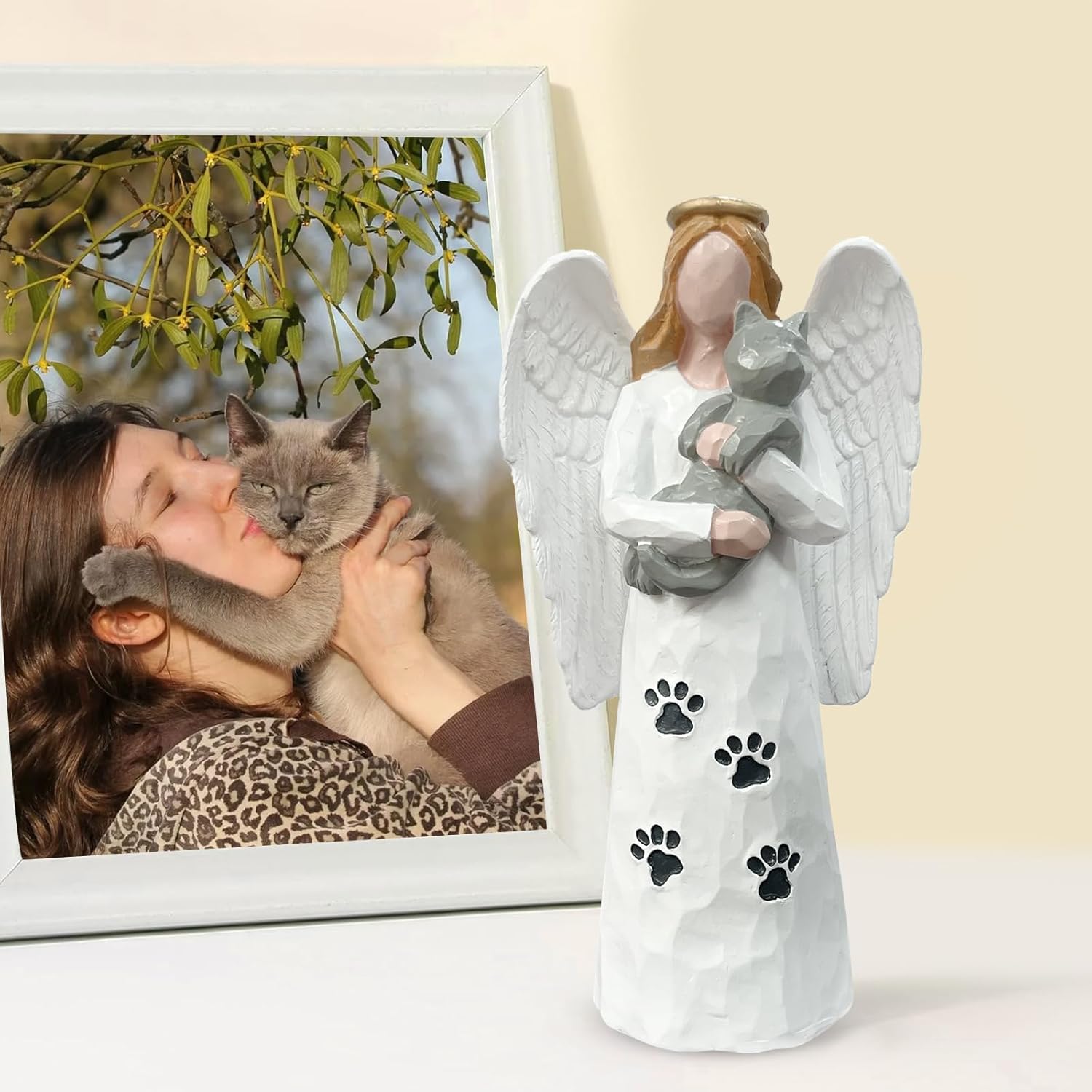 Cat Memorial Figure - Hand-Painted Angel Gift for Cat Lovers, Remembrance of Lost Pet