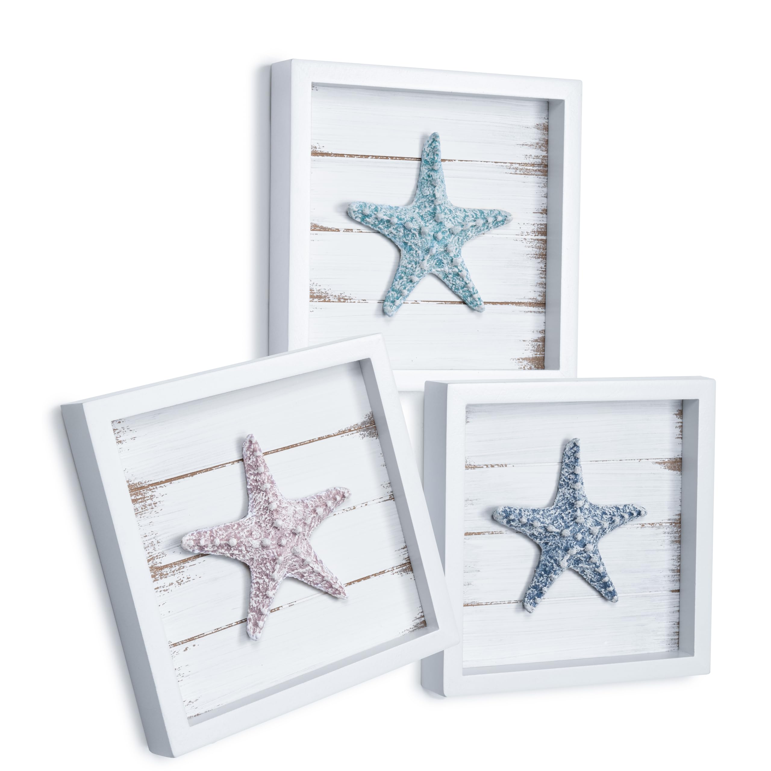 TideAndTales Beach Decor Seashell Wall Art - (Set of 4) Textured 3D Shells and Starfish Decorations for Home or Beach House, Rustic Ocean Theme Coastal Bedroom or Bathroom Wall Decor 6" x 6"