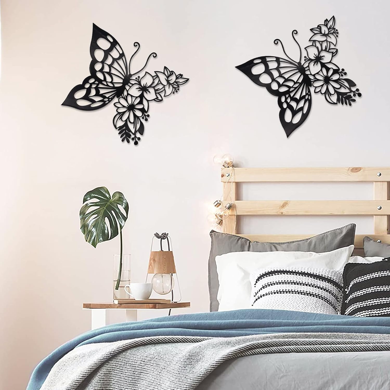 EZ4ENCE 2PCS Butterfly Decoration Wall Art Boho Wall Home Decor Hanging Appearance Wall Decor Metal Hanging Butterfly Decor Flower Wall Art for Bedroom Living Room Home Wall,Black(Large)