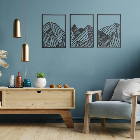 Peryiter 3 Pcs Mountain Metal Wall Art Mountain Line Wall Decor Abstract Minimalist Rustic Nature Decor for Home Bathroom Living Room(Black)