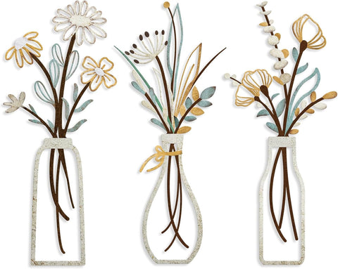 Pigort 3 Pieces Metal Flowers Wall Arts - Rustic Farmhouse Decor Beige Minimalist Flower Wall Decors for Living room Bathroom Bedroom Dining Room-Housewarming Gifts (Beige, Vase-C)