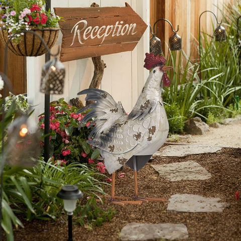 Farmhouse Metal Rooster Garden Statues Decor, 15 Inch Rustic Outdoor Chicken Sculpture Figurines Yard Art for Farm Patio Lawn Kitchen Decorations,Spring Decor, Gift for Mom