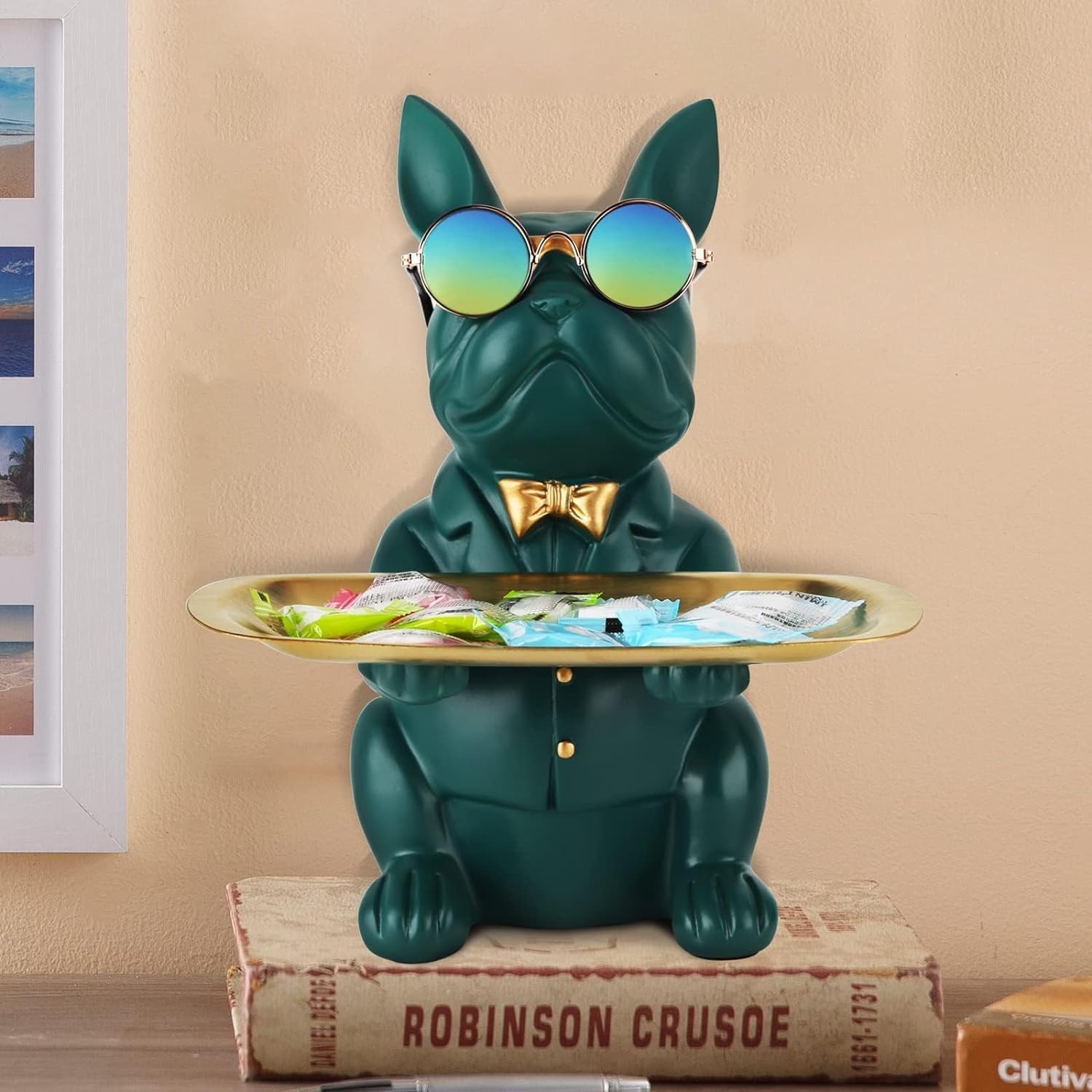 French Bulldog Gifts Key Holder Candy Dish Tray Home Decor Resin Butler Statue Key Bowl Entryway Table Frenchie Dog Sculpture Dining Table Decor Office Small Object Tray (Black)