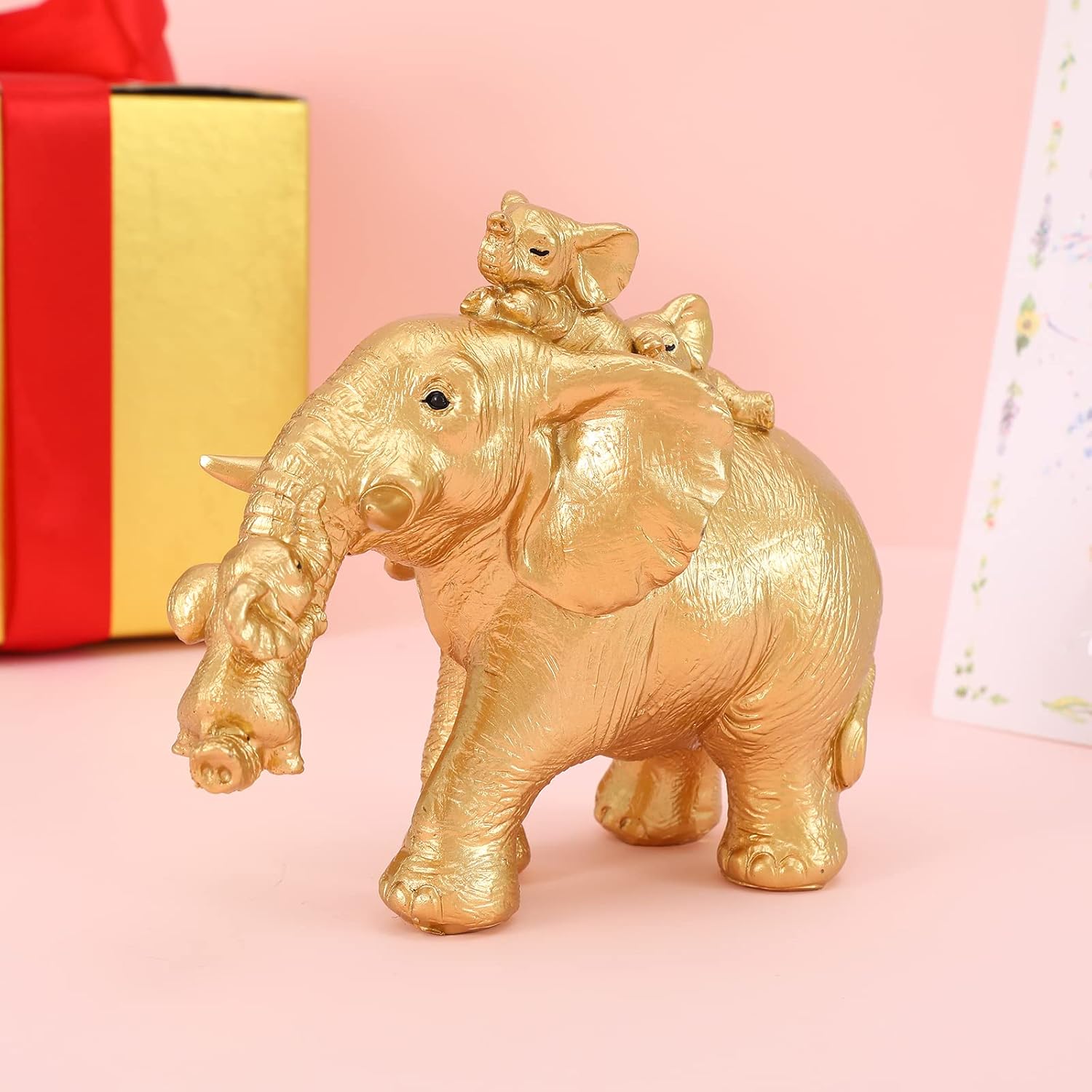 Good Luck Elephant Figurines Home Décor Elephant Carries Two Calves on Its Back Statue Décor for Shelf Good Gifts for Women Decoration for Living Room, Bedroom, Office