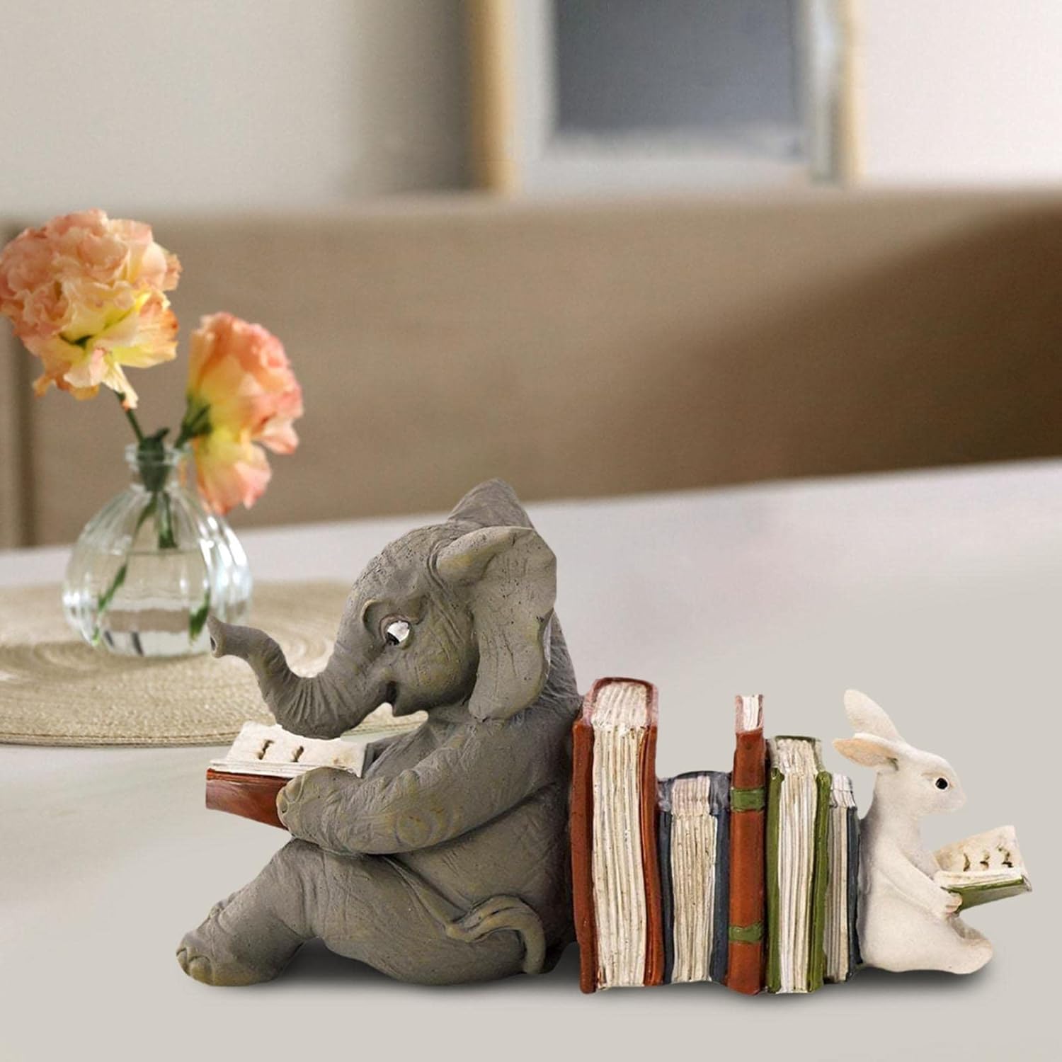 Cute Rabbit Reading Statue,Art Crafts,Resin Ornaments Animal Figurines for Bookshelf Living Wedding Decor