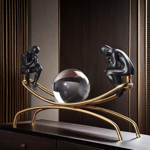 The Thinker Thinking Man Statue with Crystal Ball Sculpture Figurine, Home Office Living Room Desktop Display Decoration