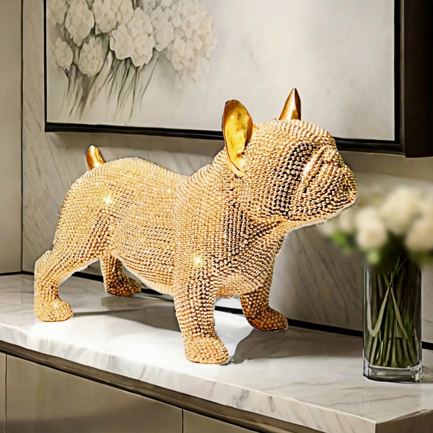 Handcrafted Bulldog Resin Home Decor Statue - Intricate Beaded Design - Unique Decorative Sculpture for Living Room, Office, or Bedroom