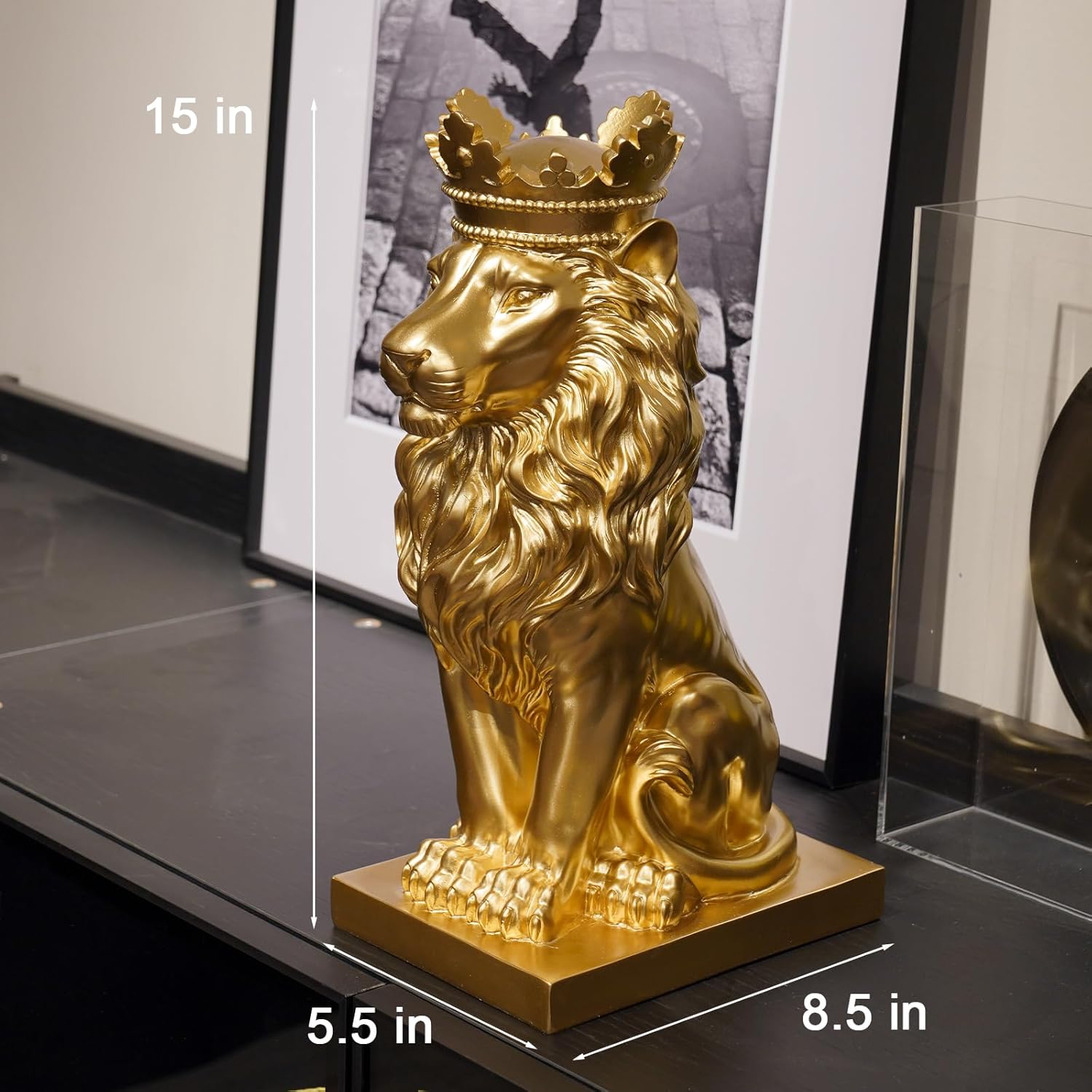 Lion Statue - Outdoor Collectible Figurine, 15 Inch Gold Crown Black Standing Lion Home Decor for Desk & Home Black Decor Gift