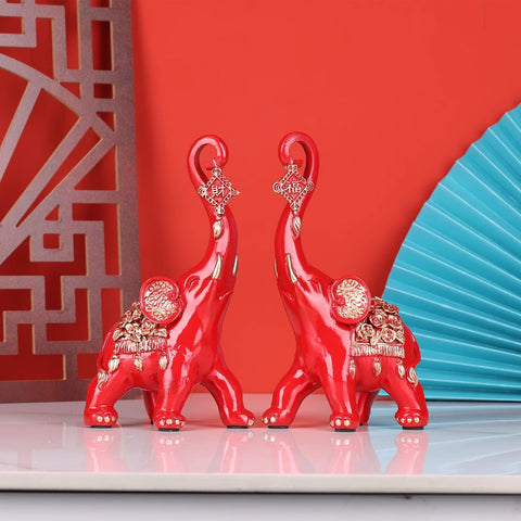 Red Elephant Statues Home Decor, A Pair Red Lucky Elephant Statue and Sculpture Decorativos Para Sala, Elephant Art Ornament - For Living Room Tv Stand, Entry Table Coffee Table Office Knick Knacks