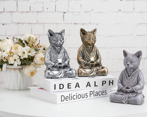 Cat Zen Buddha Statue Decor, Creates a Serene Meditation Environment, Cat Lover Gift Decoration, 7 inch Stone Gray Resin Cat Statue Home Office Meditating Yoga Room Spiritual Decoration