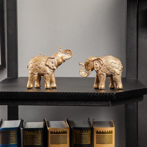 Elephant Statue for Home Decorations,Elephant Figurines with Trunk up,Elephant Decor for Shelf Shelves Table Living Room nightstand,African Elephants Gifts for Women Small Set of 2 Gold Color Accents