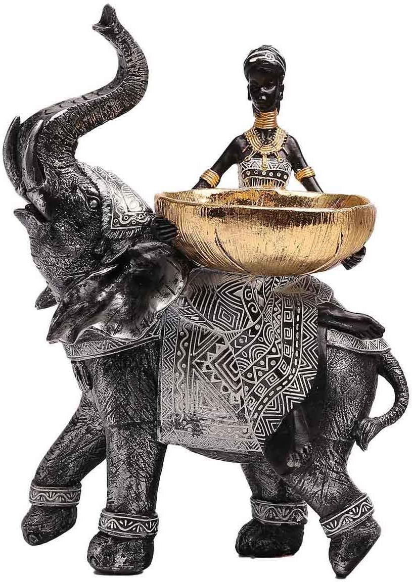 African Design Silver African Elephant and Tribal Lady Figurines with Tribal Totem, Animal and Women Decor Art Sculptures, Holder Statues for Home and Table Decor 911-Black